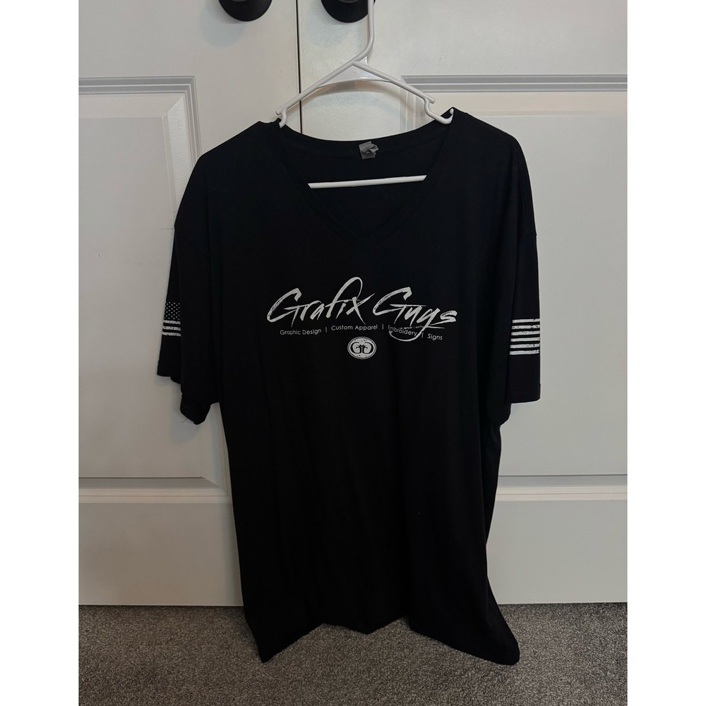 Grafix Guys Mens XXL Black V-Neck Graphic T-Shirt Short Sleeve Flag Logo